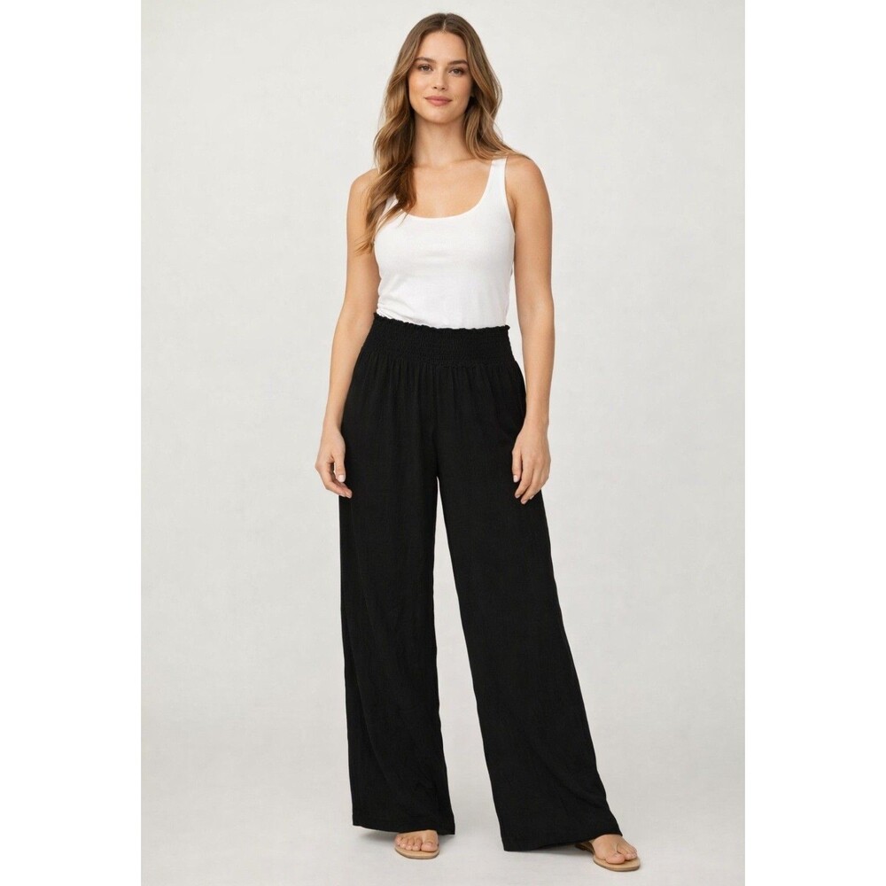 Wide Leg Classic Black Pants Pull on Elastic Stretch Ruched Waistband NWOT Women